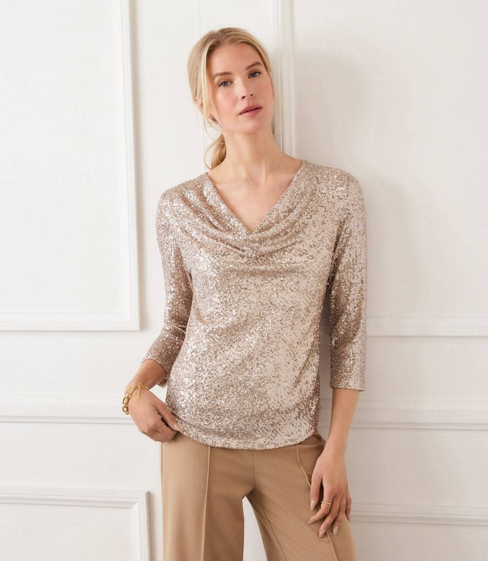 3/4 Sleeve Drape Front Sequin Top