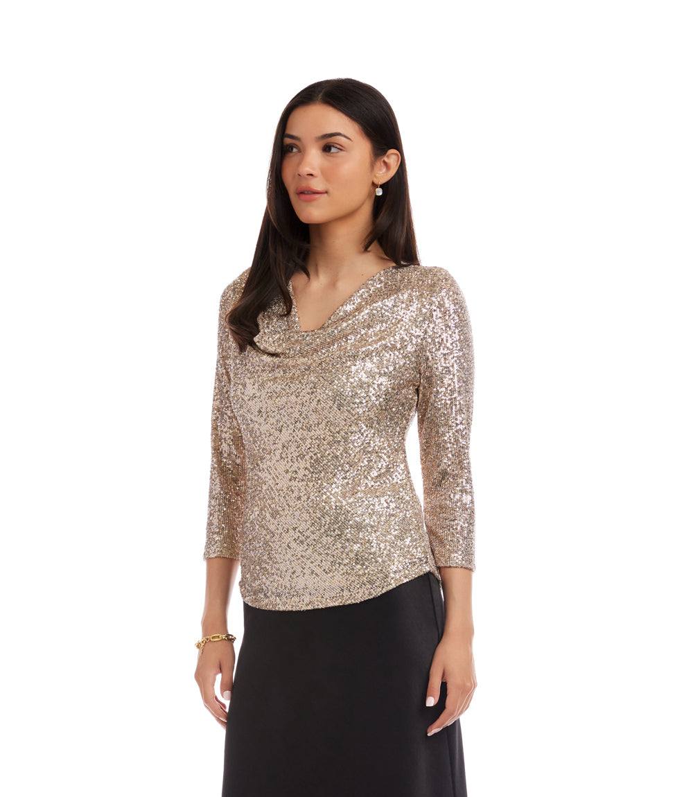 3/4 Sleeve Drape Front Sequin Top - Image 3