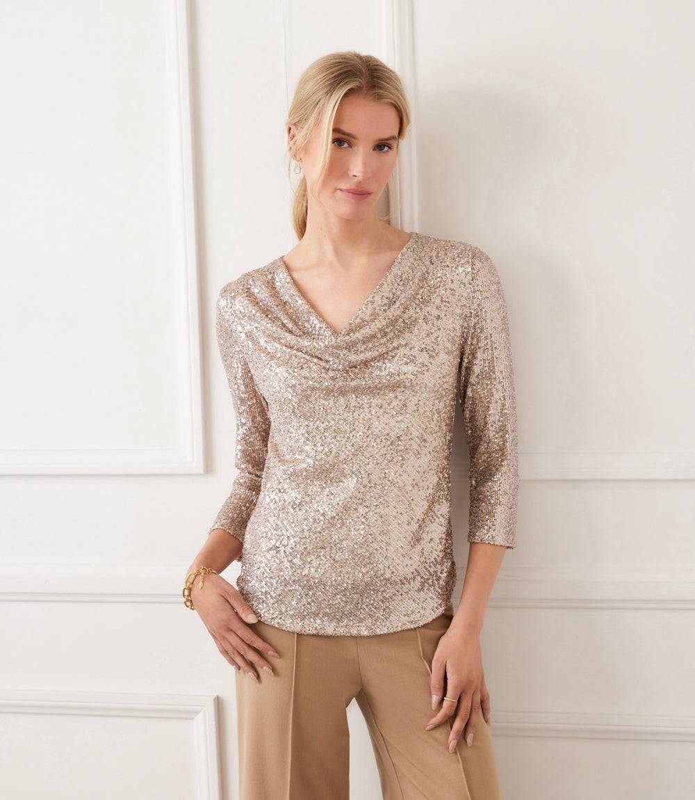 3/4 Sleeve Drape Front Sequin Top - Image 6