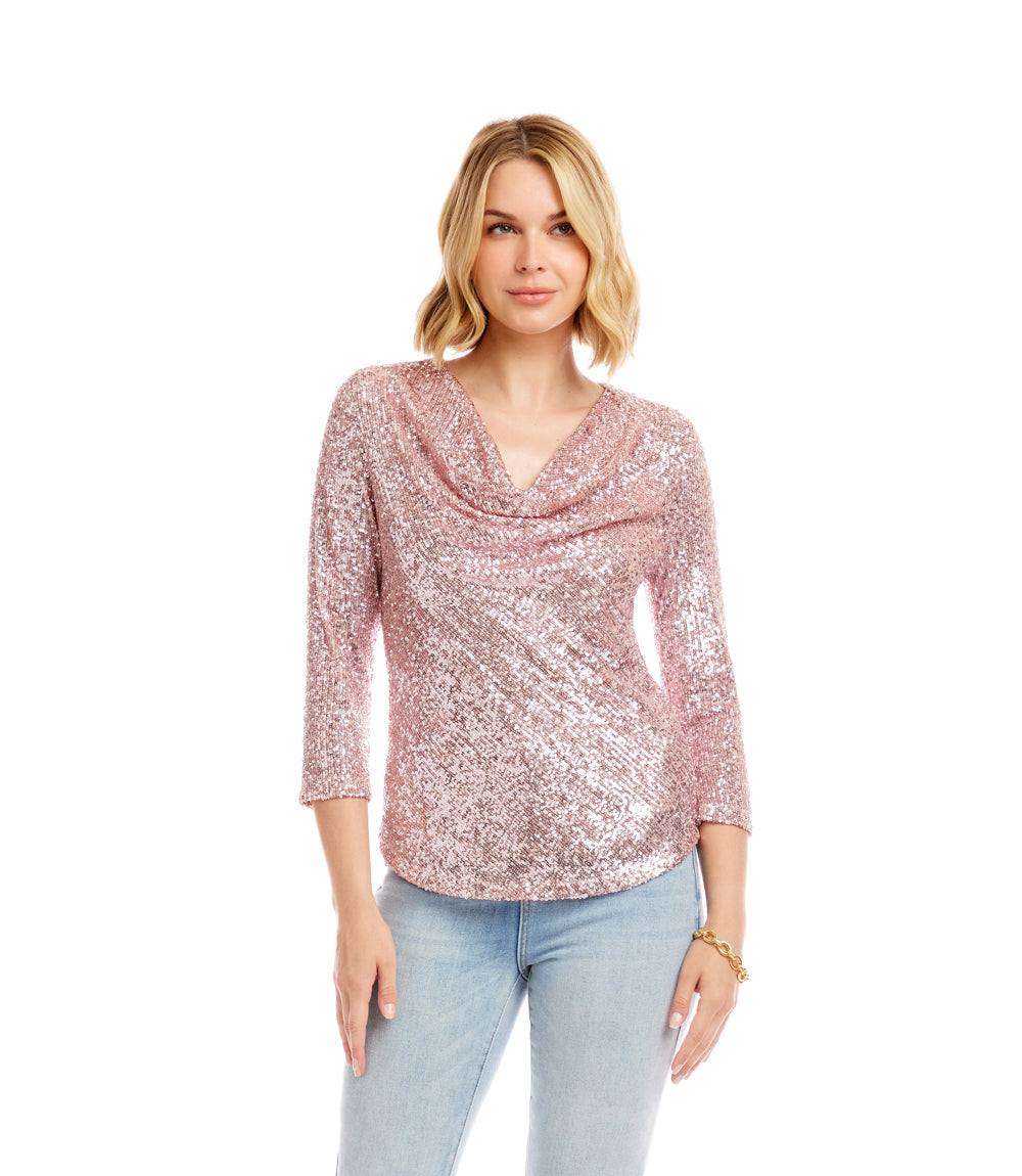 3/4 Sleeve Drape Front Sequin Top - Image 2