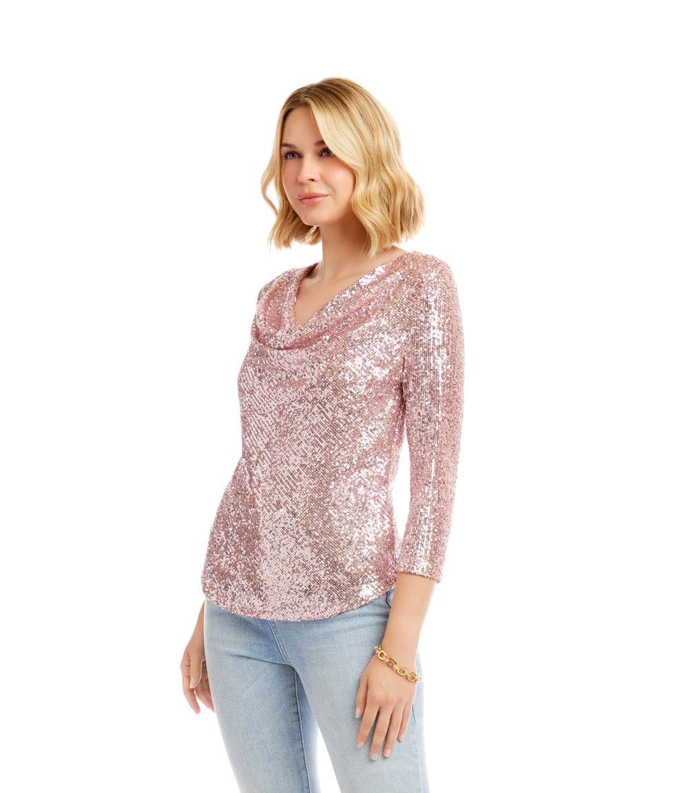 3/4 Sleeve Drape Front Sequin Top - Image 3