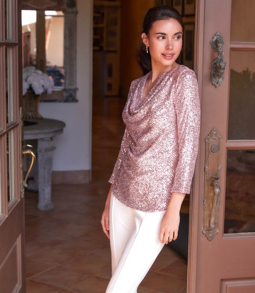3/4 Sleeve Drape Front Sequin Top - Image 5