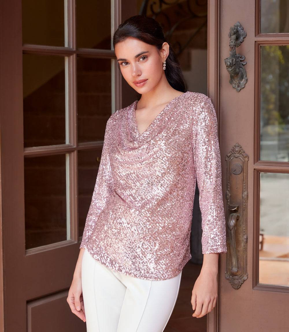 3/4 Sleeve Drape Front Sequin Top - Image 6