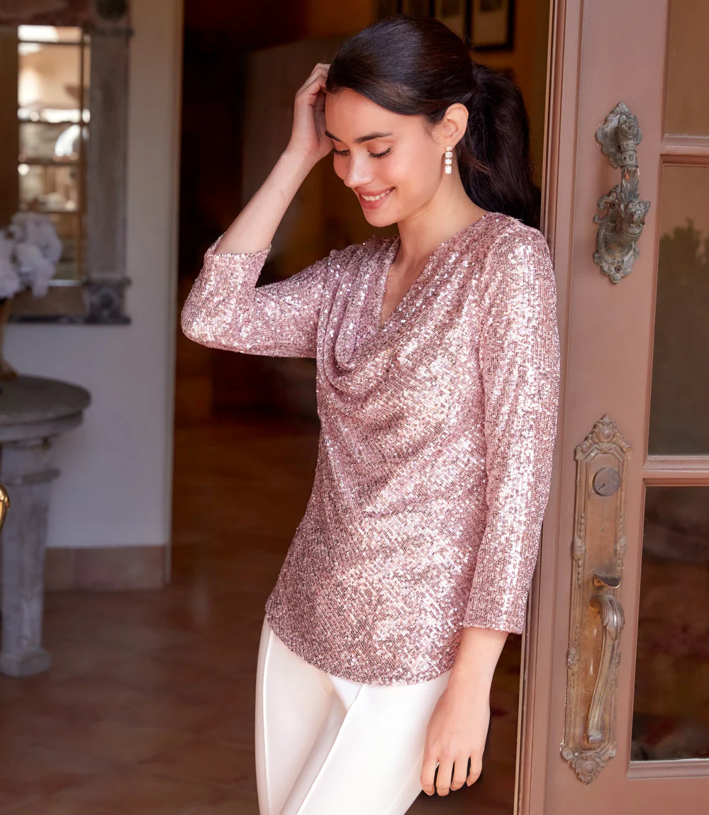 3/4 Sleeve Drape Front Sequin Top - Image 7