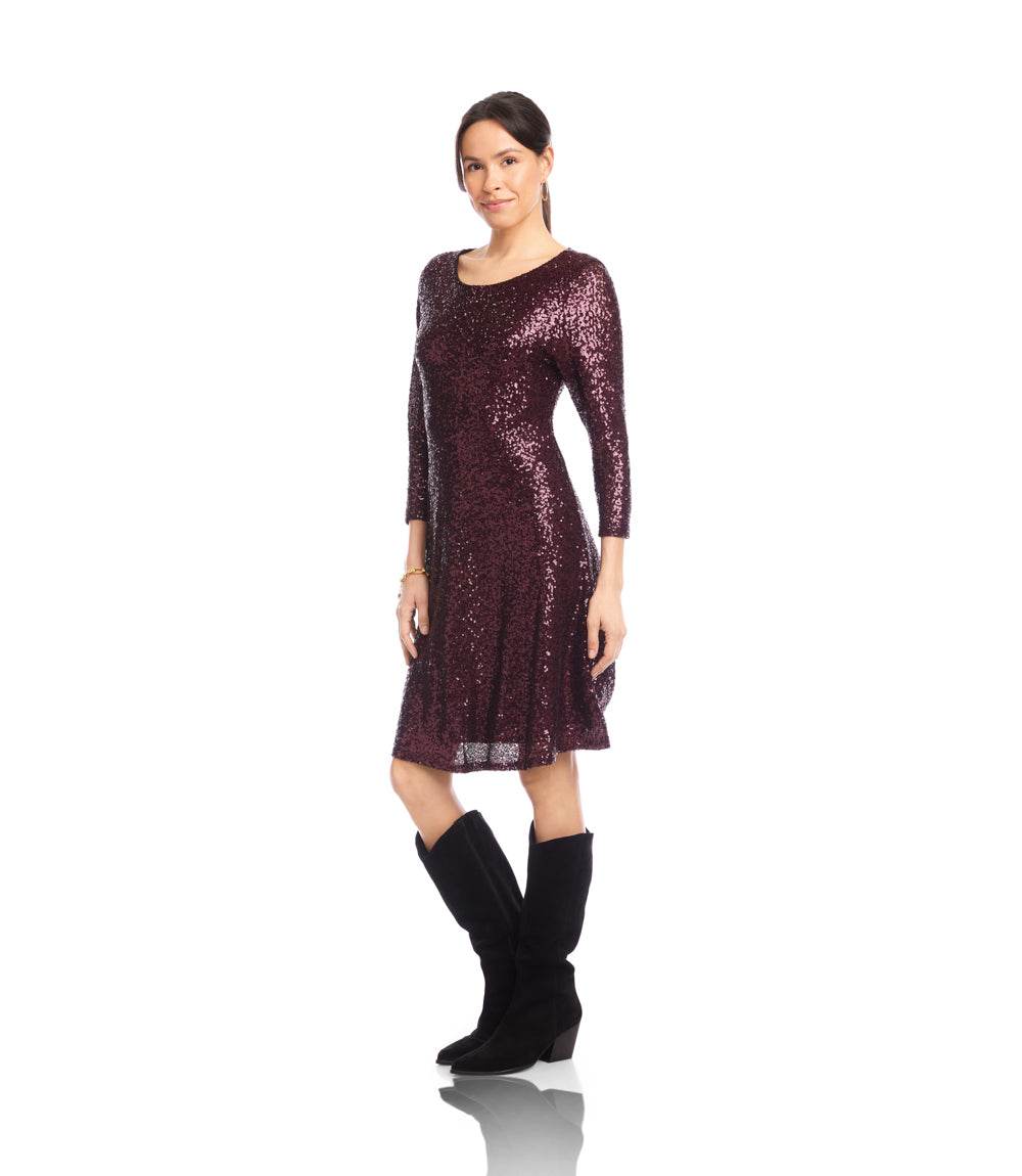 3/4 Sleeve Sequin Scoop Neck Fit & Flare Dress - Image 3
