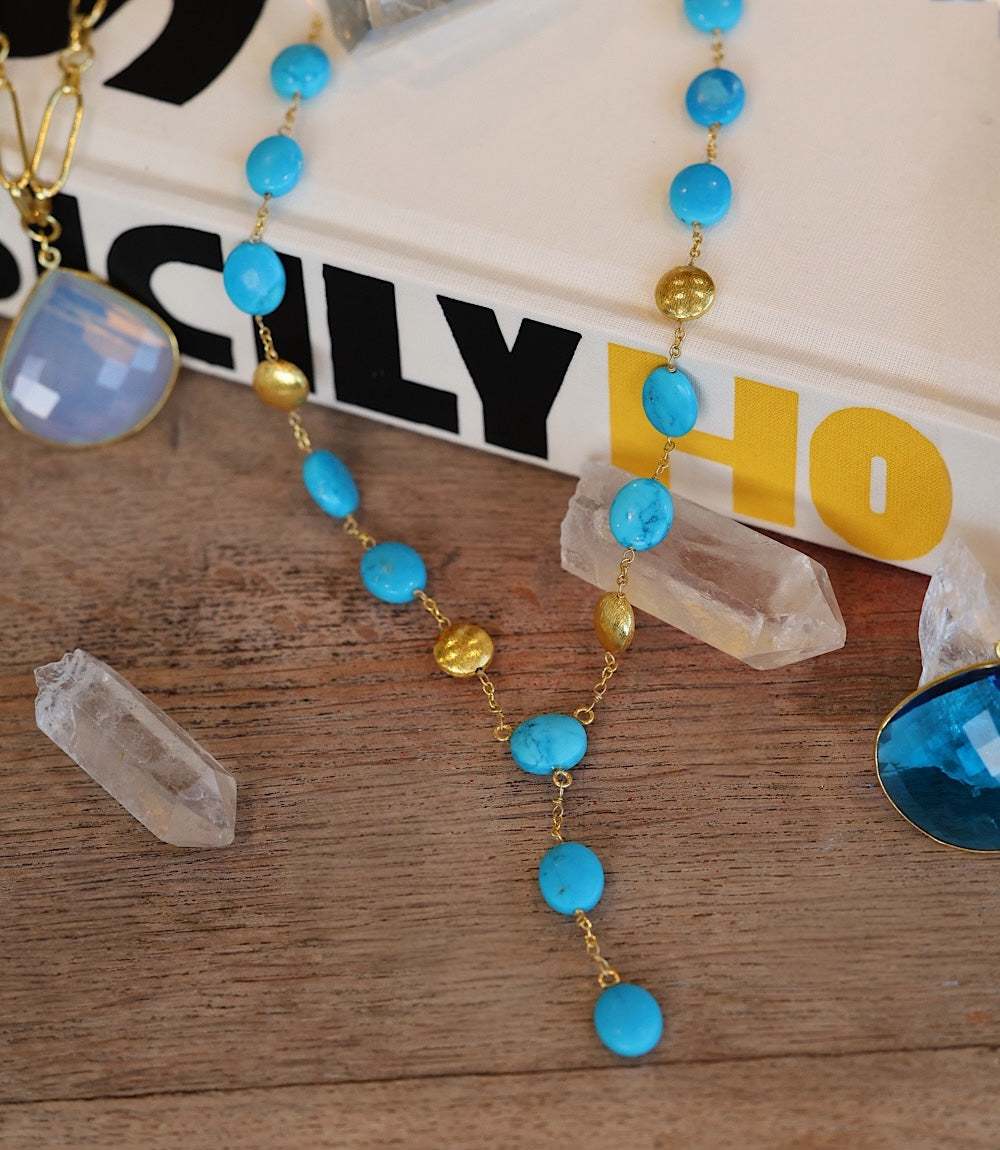 Beaded Turquoise And Gold Lariat Necklace - Image 2