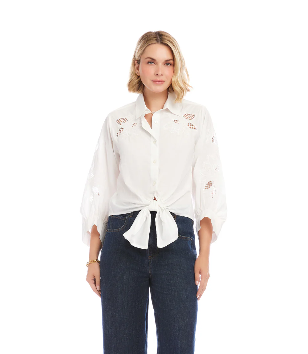 Blouson Sleeve Embroidered Tie-Front Top - Image 2
