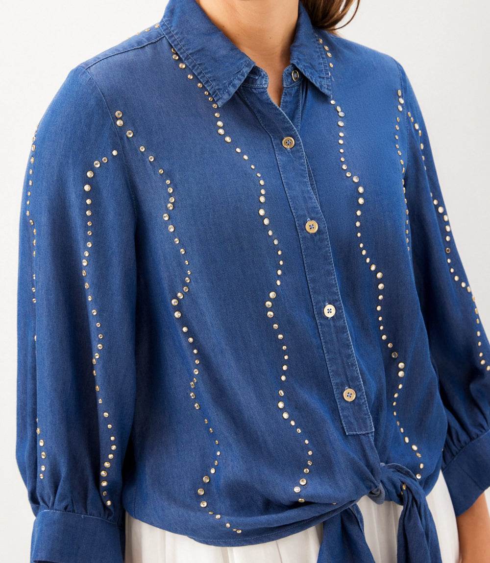 Blouson Sleeve Gemstone Denim Shirt - Image 3