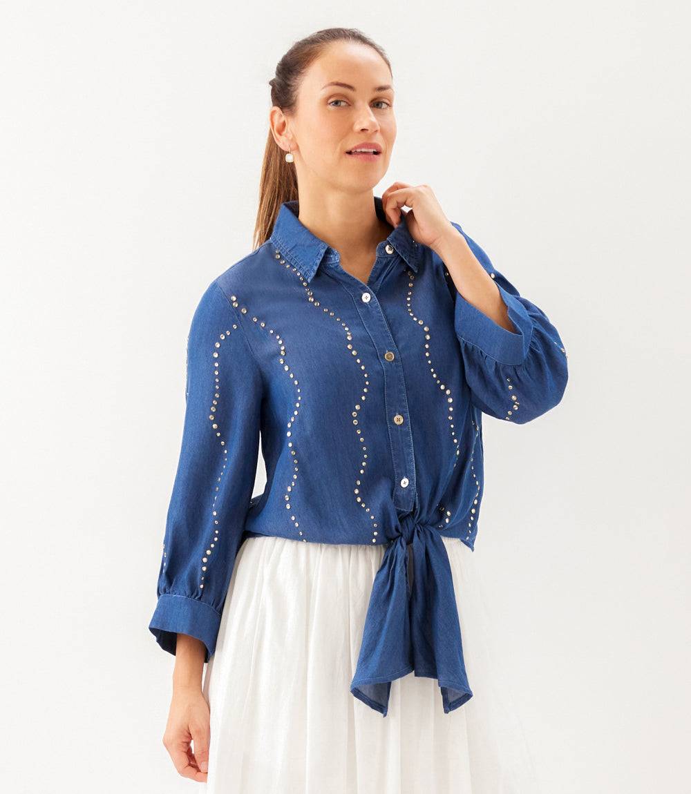 Blouson Sleeve Gemstone Denim Shirt - Image 4