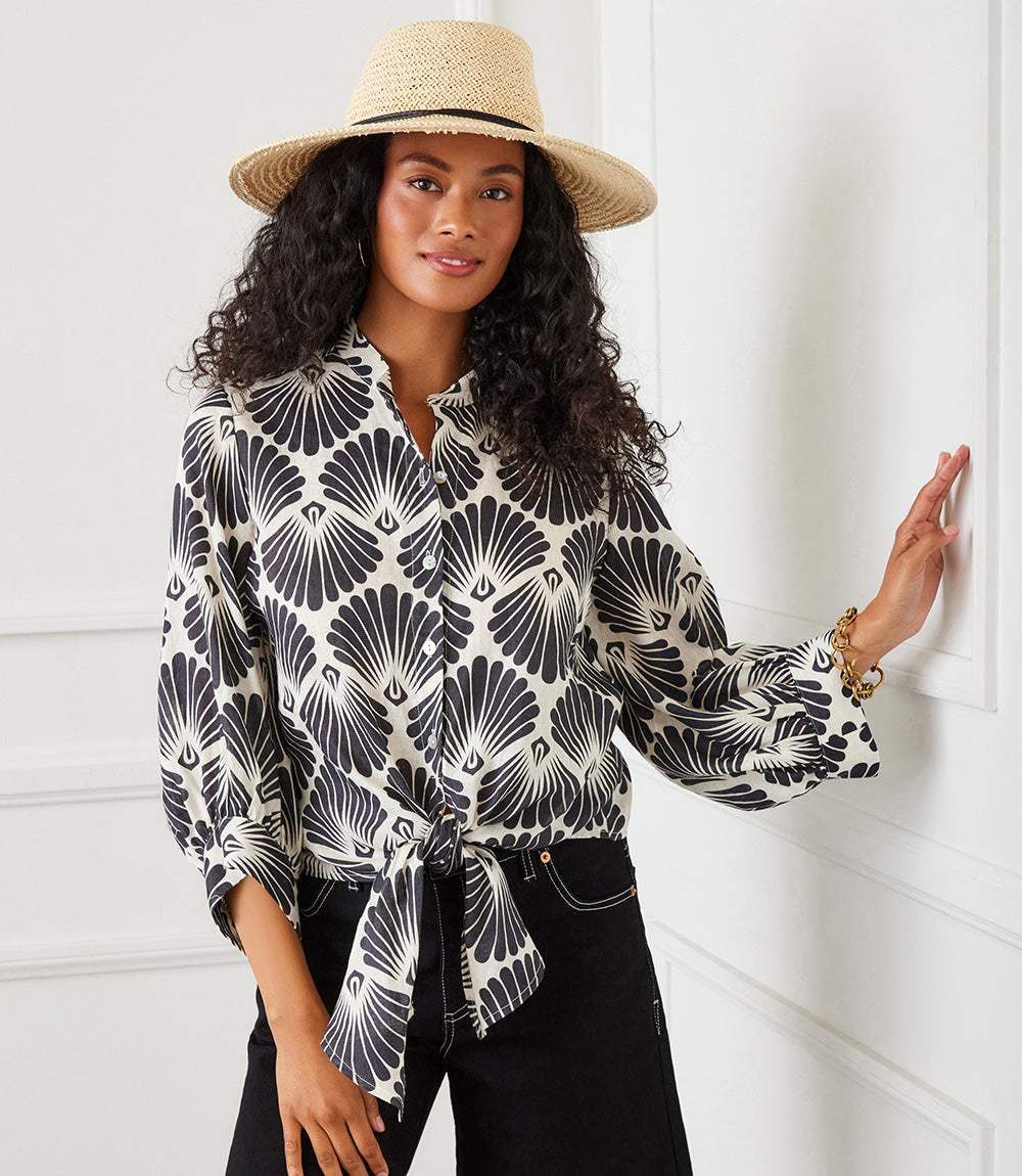 Blouson Sleeve Linen Tie-Front Top