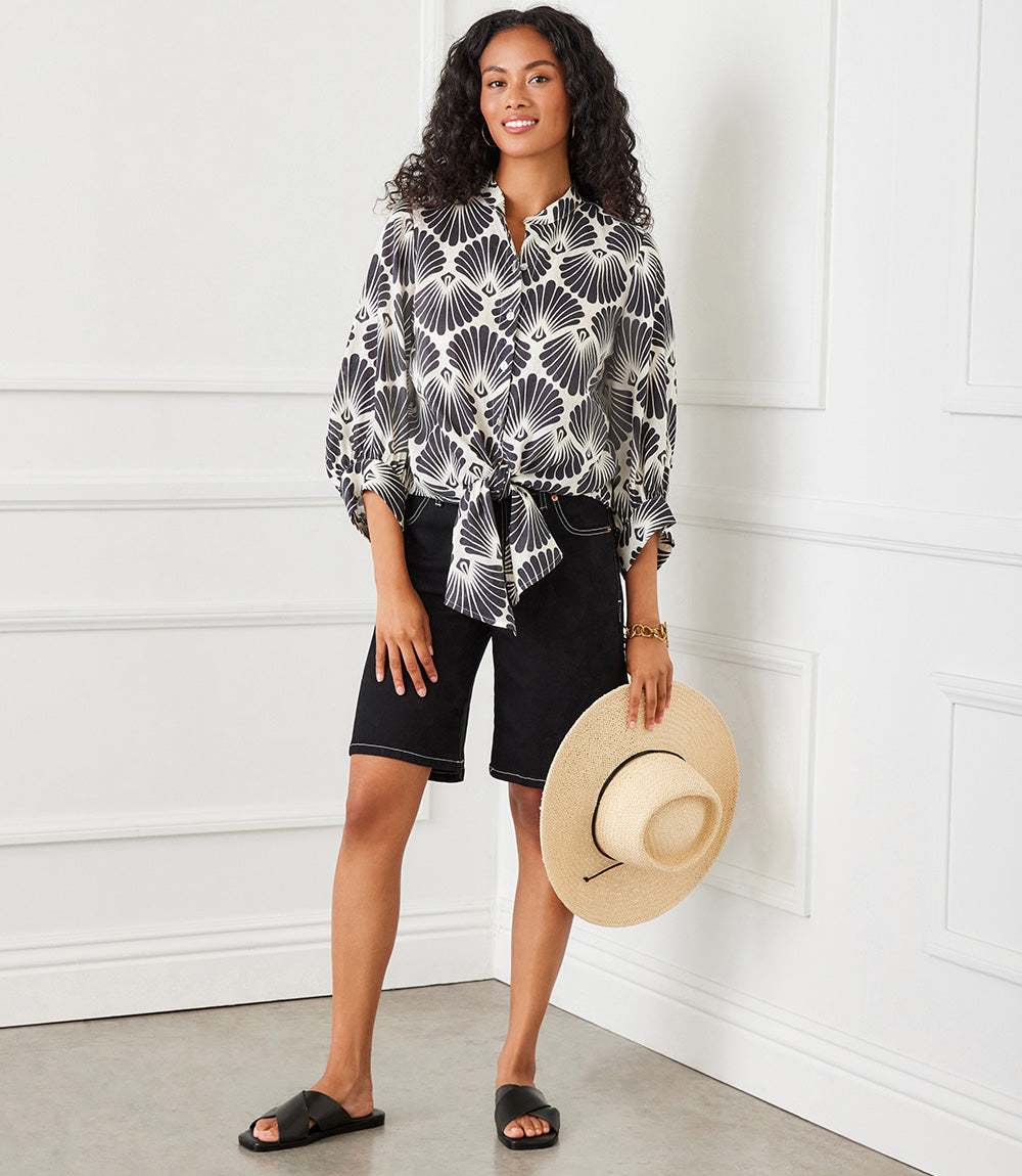 Blouson Sleeve Linen Tie-Front Top - Image 3
