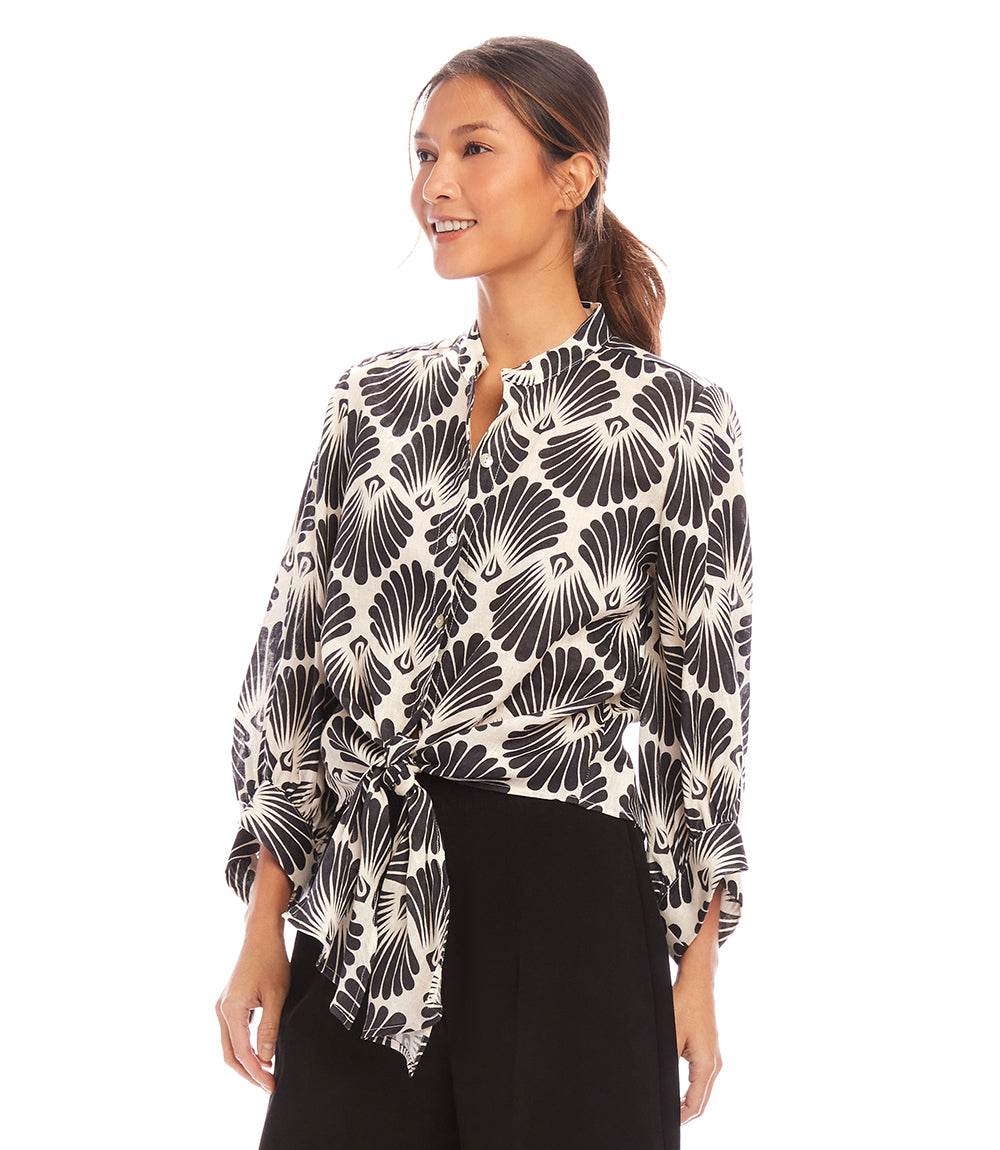 Blouson Sleeve Linen Tie-Front Top - Image 4