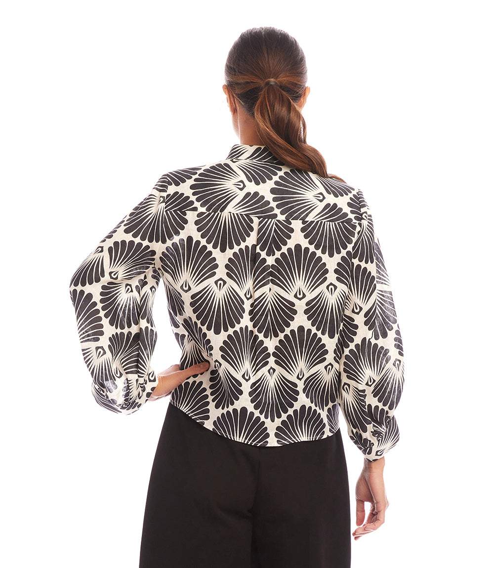 Blouson Sleeve Linen Tie-Front Top - Image 5