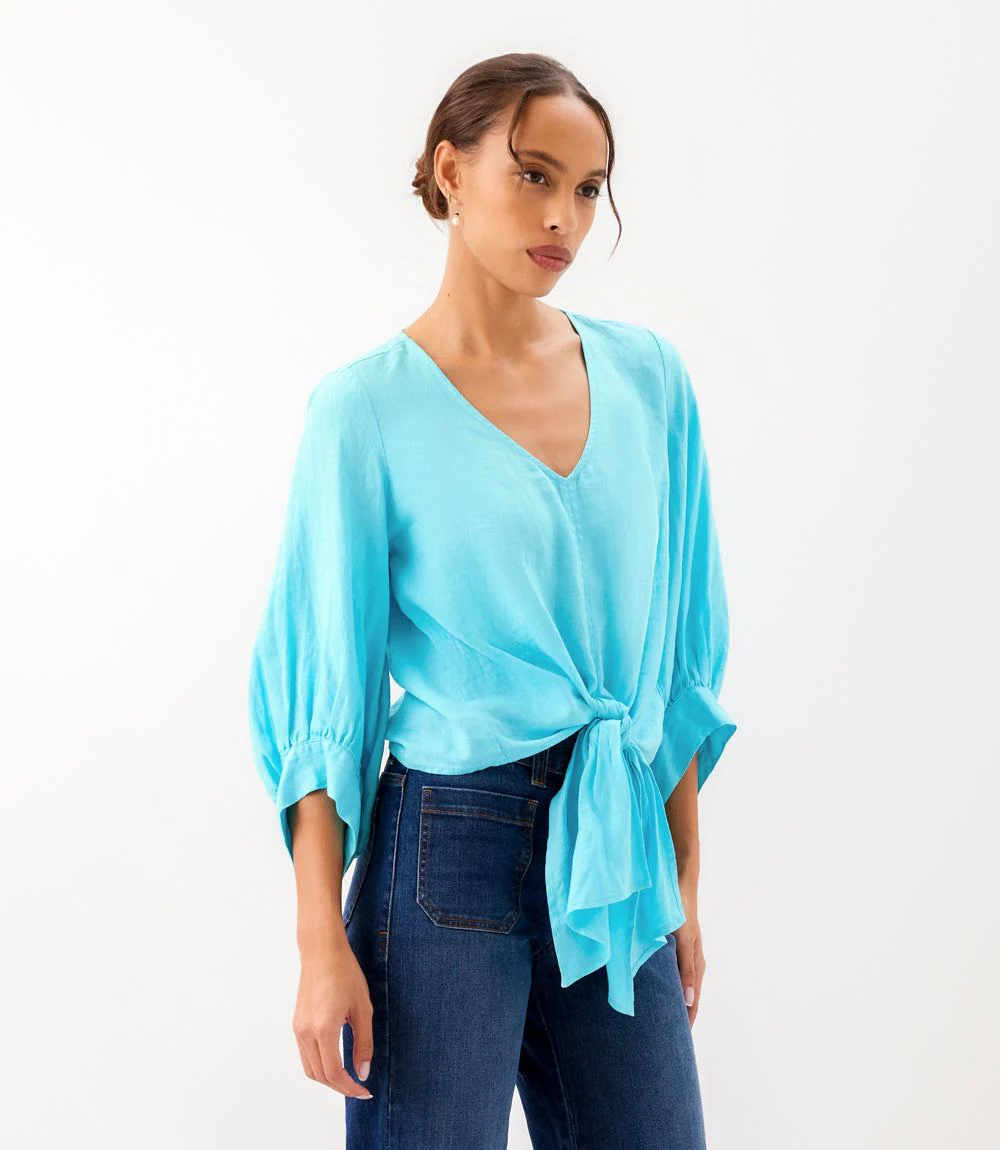 Blouson Sleeve Linen Tie-Front Top - Image 4