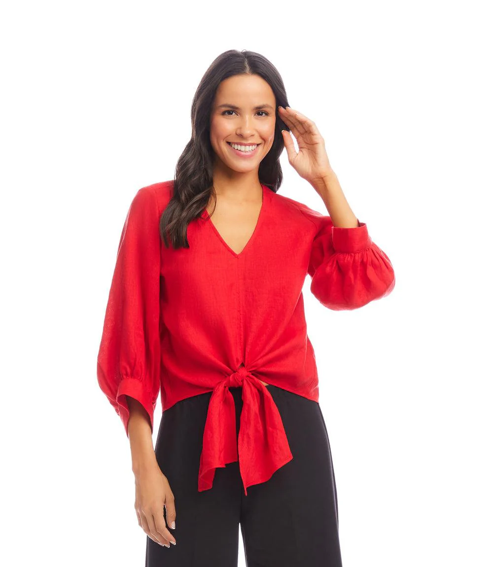 Blouson Sleeve Linen Tie-Front Top - Image 2
