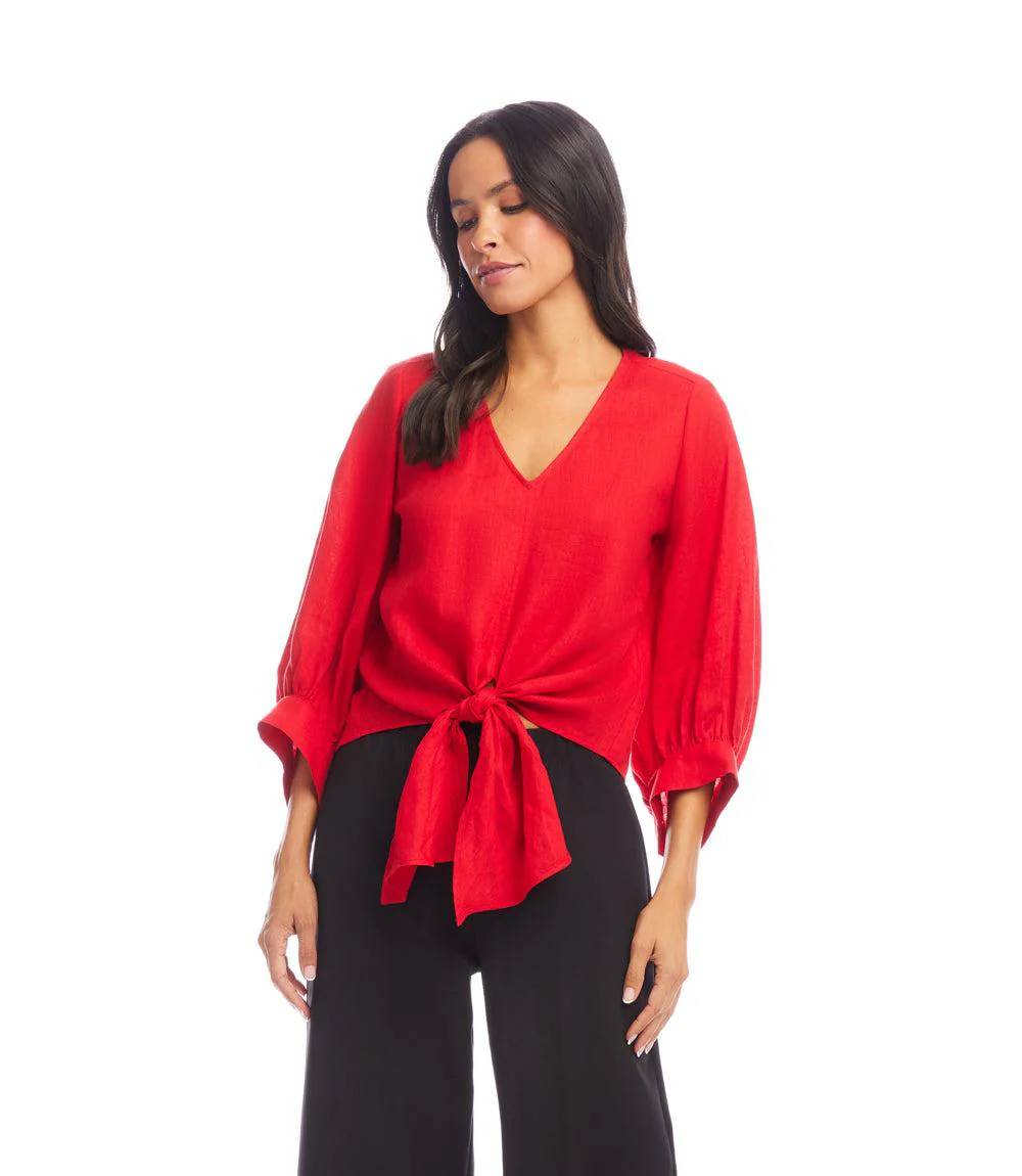 Blouson Sleeve Linen Tie-Front Top - Image 3