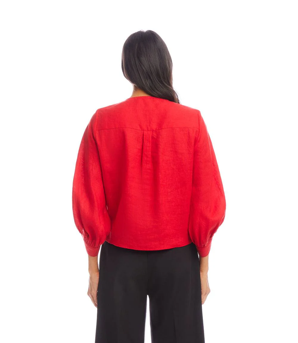 Blouson Sleeve Linen Tie-Front Top - Image 4