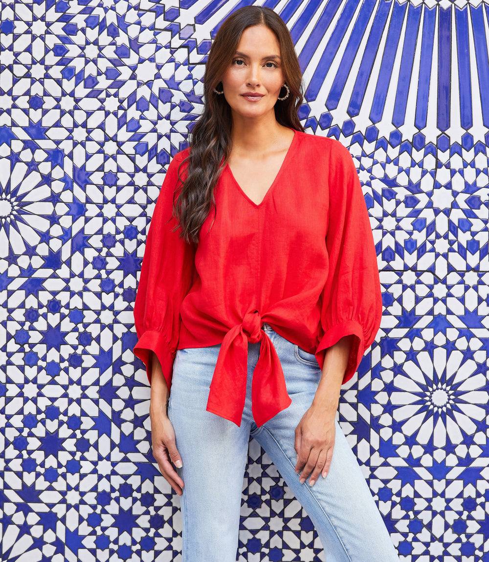 Blouson Sleeve Linen Tie-Front Top - Image 5