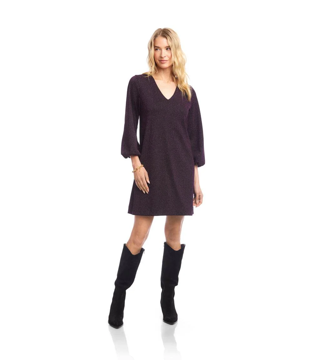 Blouson Sleeve Metallic Knit V-Neck Dress - Image 2