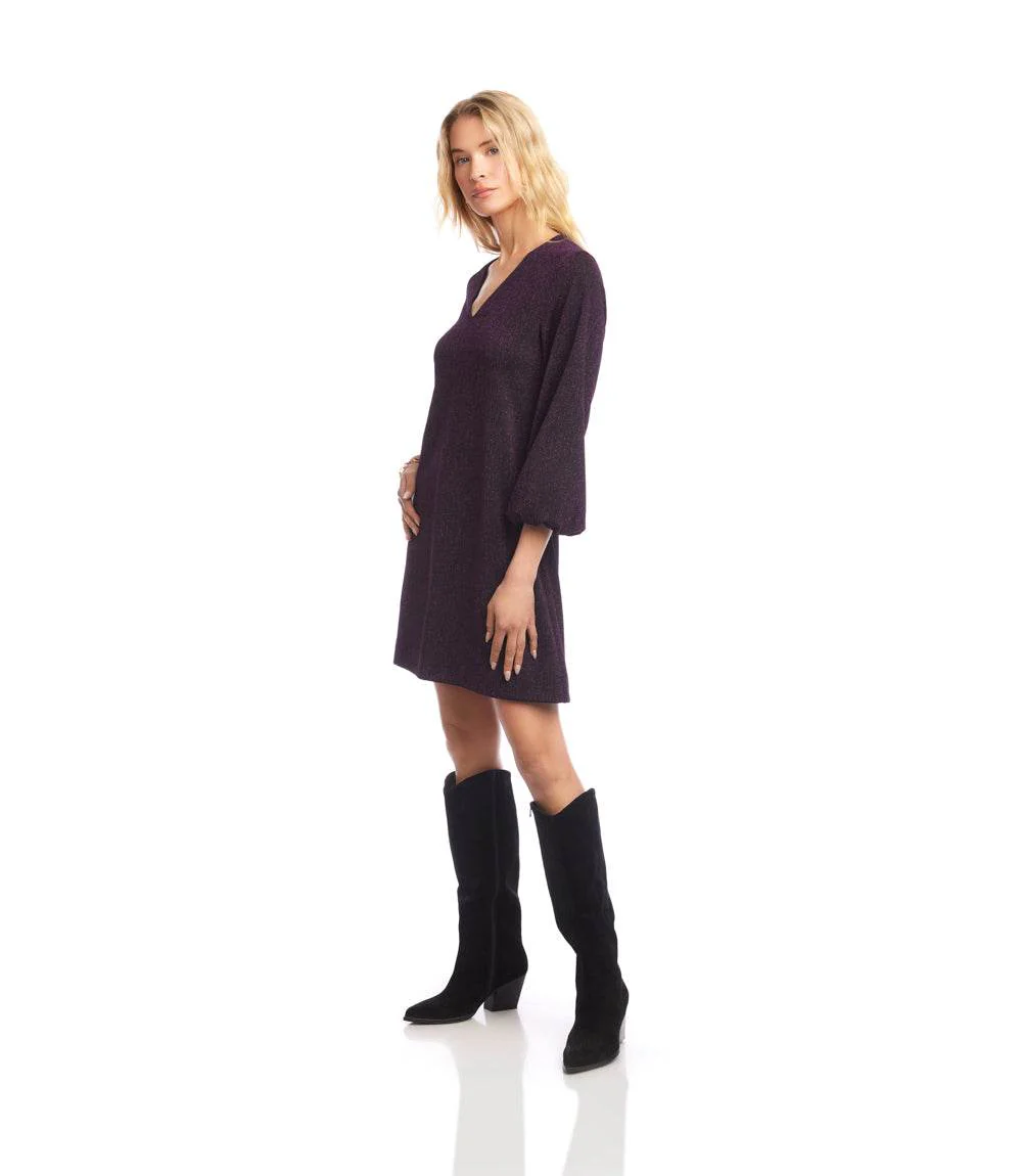 Blouson Sleeve Metallic Knit V-Neck Dress - Image 3