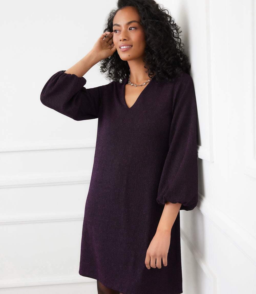 Blouson Sleeve Metallic Knit V-Neck Dress - Image 5