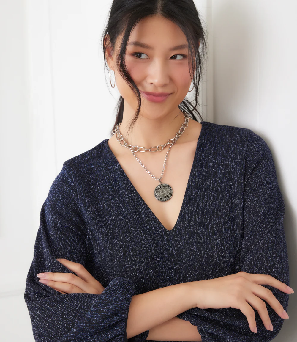Blouson Sleeve Metallic Knit V-Neck Dress - Image 2