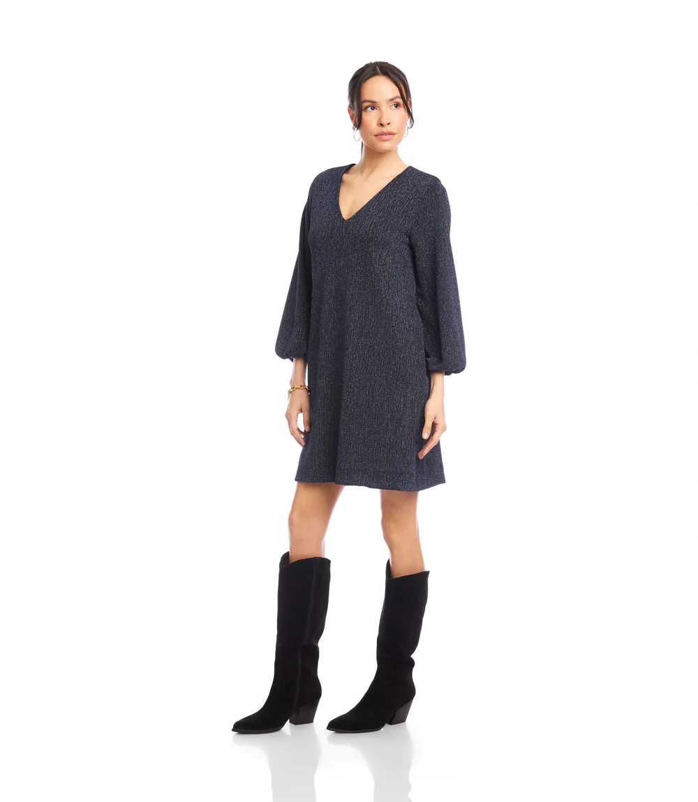 Blouson Sleeve Metallic Knit V-Neck Dress - Image 3