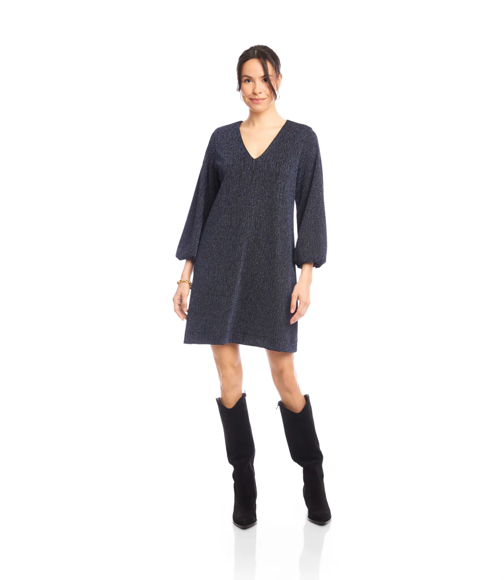 Blouson Sleeve Metallic Knit V-Neck Dress - Image 4