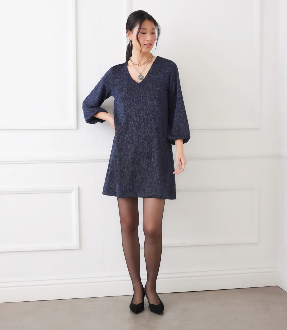 Blouson Sleeve Metallic Knit V-Neck Dress - Image 6