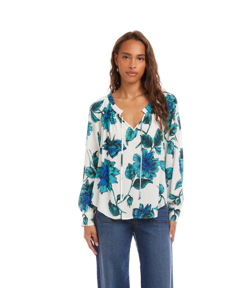 Blouson Sleeve Ruffle Tie-Neck Peasant Top - Image 2