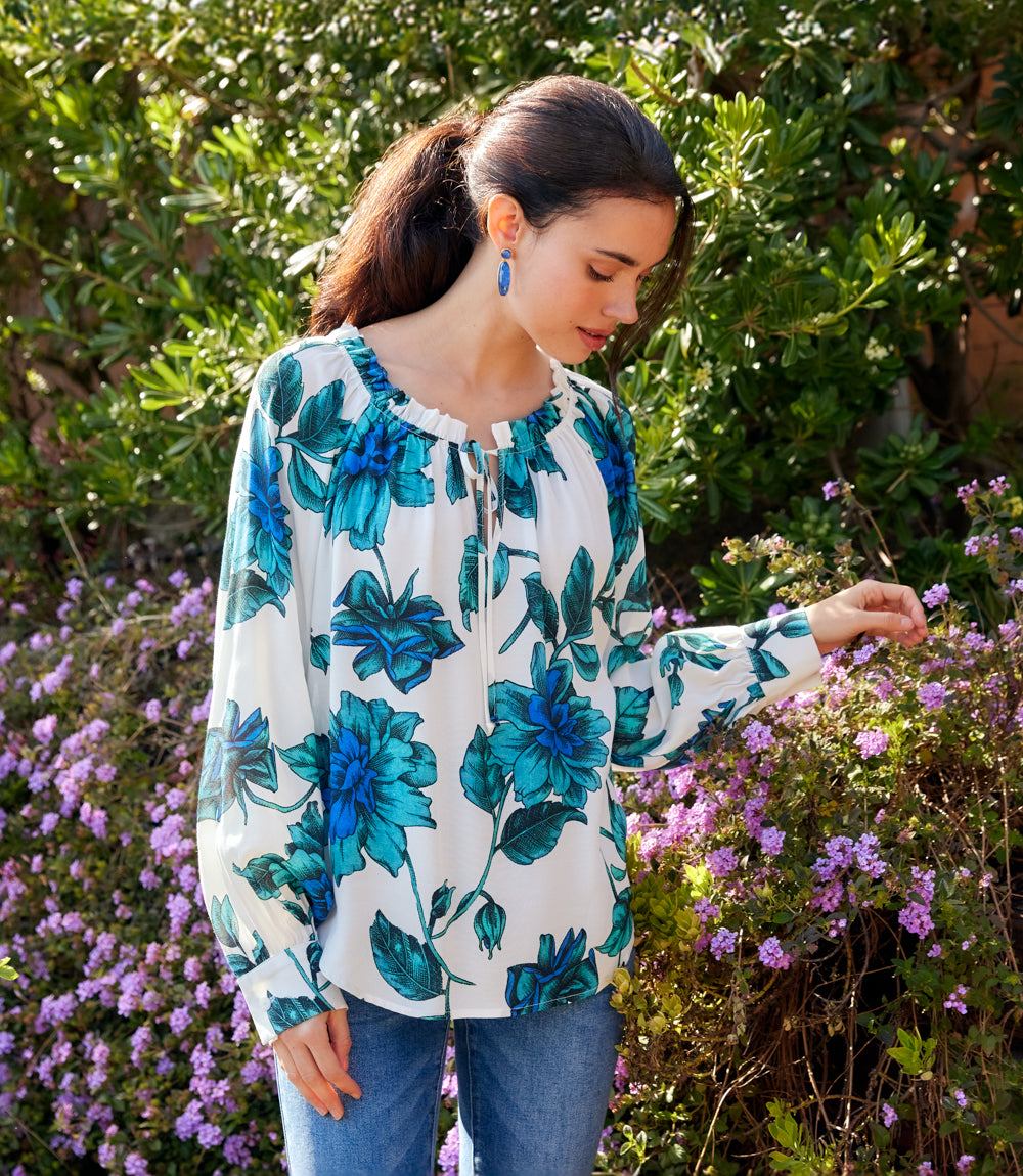 Blouson Sleeve Ruffle Tie-Neck Peasant Top - Image 5