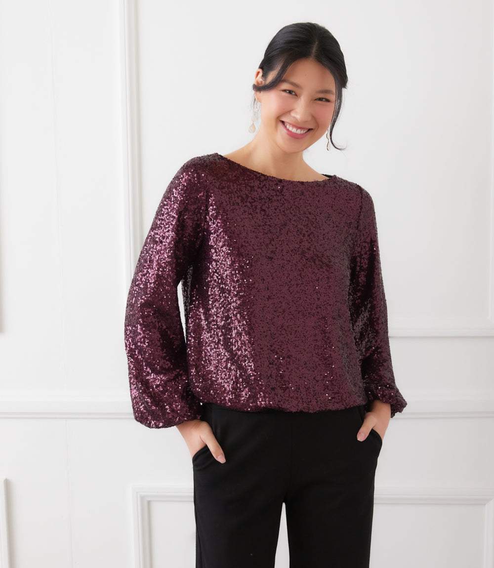 Blouson Sleeve Sequin Boatneck Top - Image 3