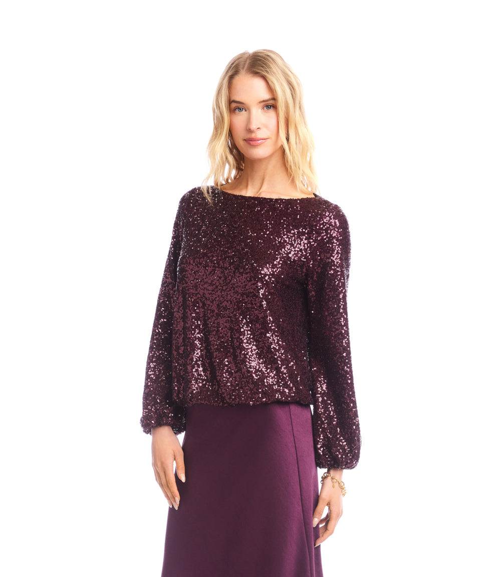 Blouson Sleeve Sequin Boatneck Top - Image 5