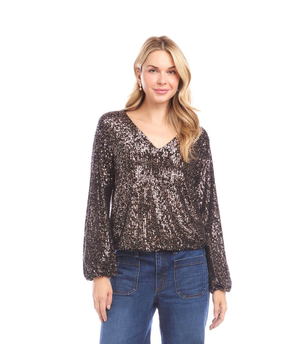 Blouson Sleeve Sequin V-Neck Top - Image 2