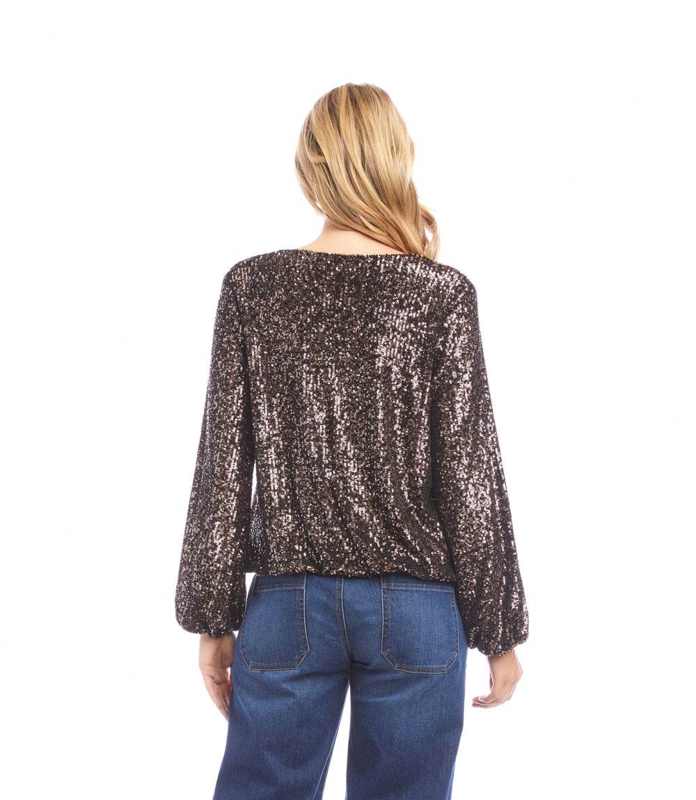 Blouson Sleeve Sequin V-Neck Top - Image 4