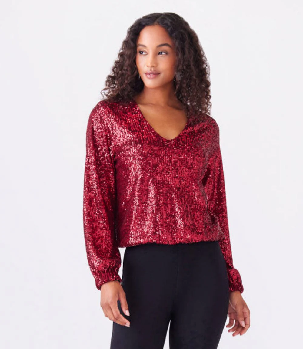 Blouson Sleeve Sequin V-Neck Top - Image 2