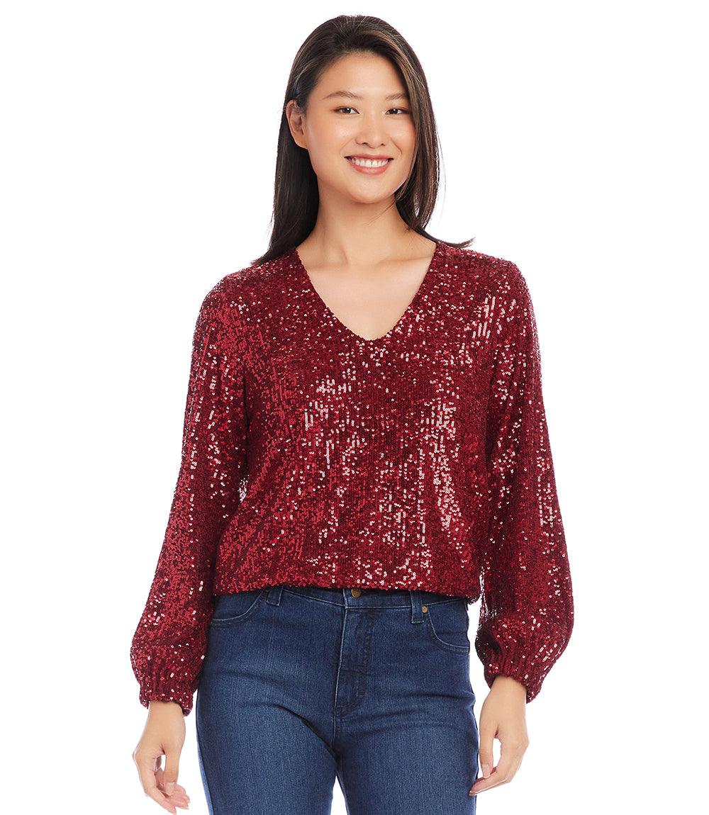 Blouson Sleeve Sequin V-Neck Top - Image 3