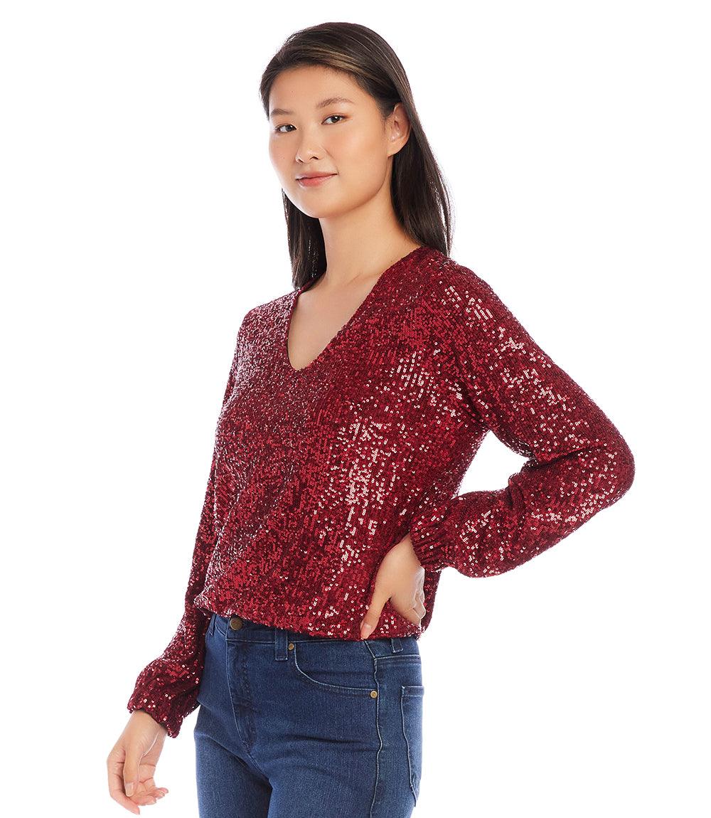 Blouson Sleeve Sequin V-Neck Top - Image 5