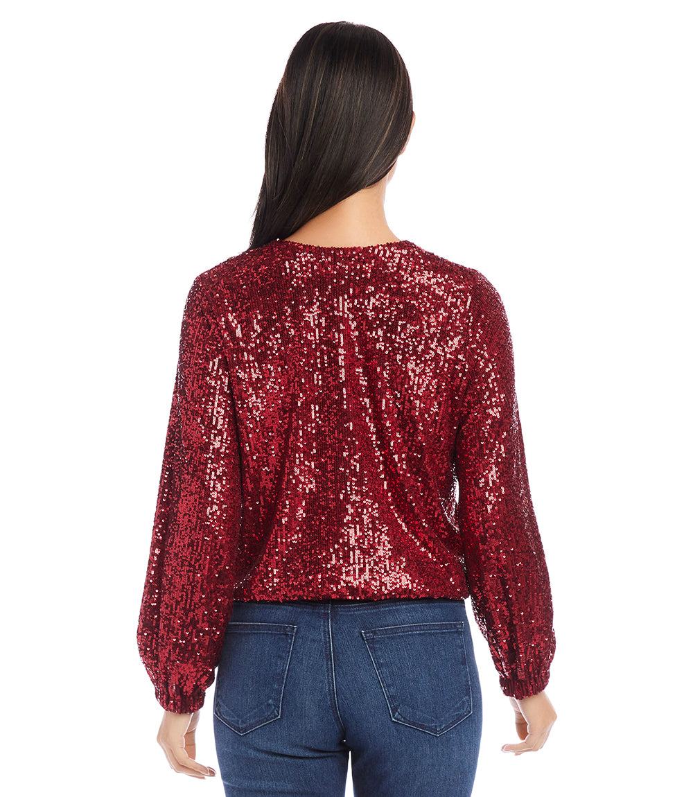 Blouson Sleeve Sequin V-Neck Top - Image 6