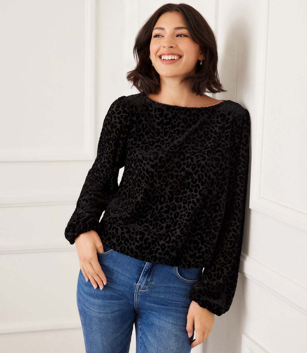 Blouson Sleeve Velvet Burnout Boatneck Top - Image 5