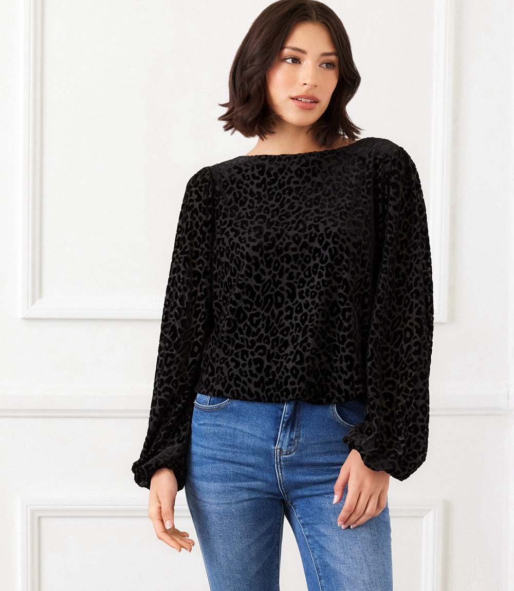 Blouson Sleeve Velvet Burnout Boatneck Top - Image 6