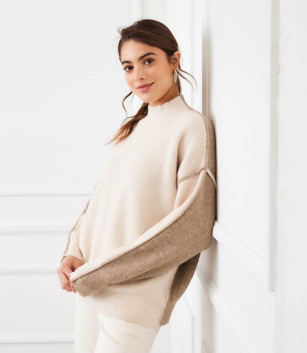 Colorblock Mock Neck Sweater