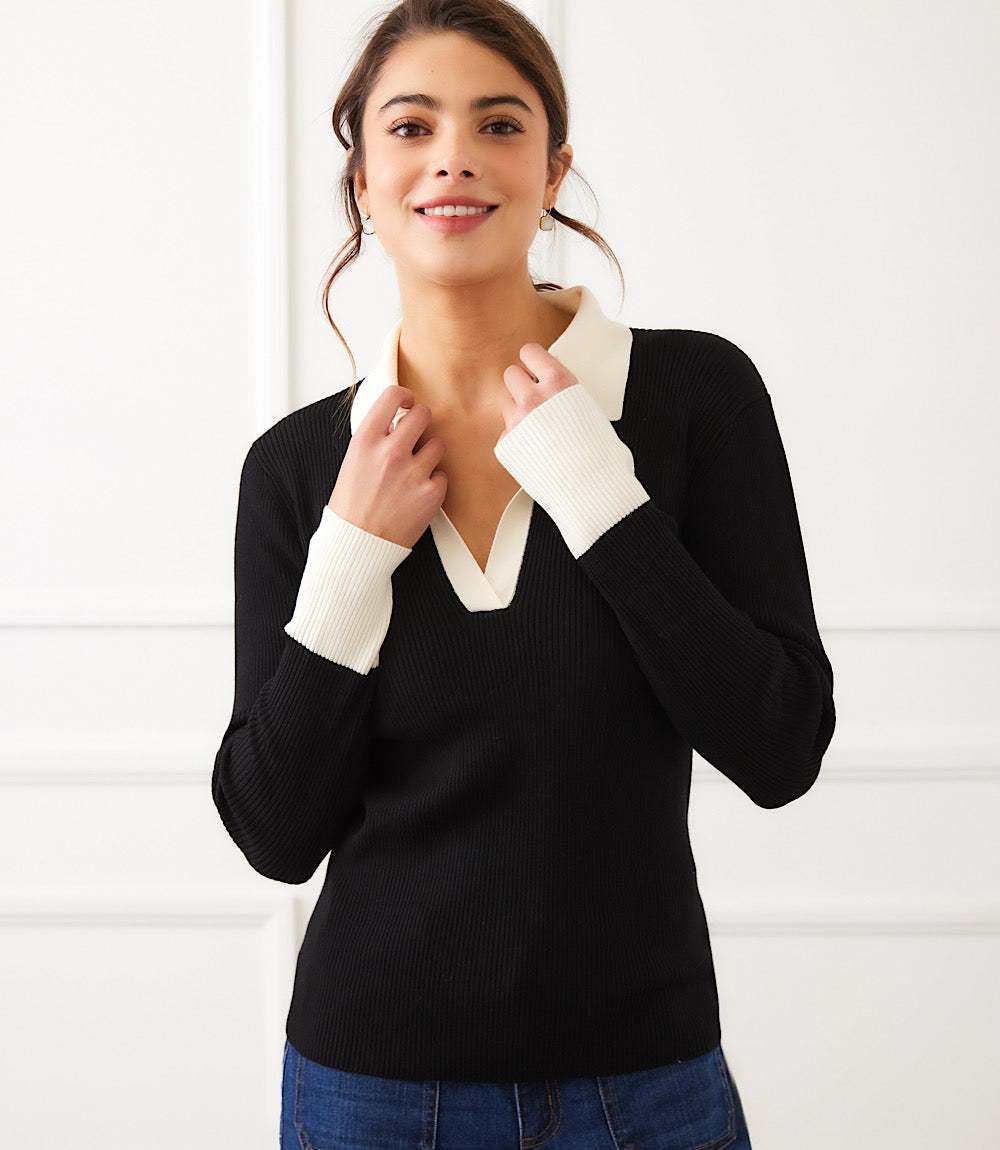 Contrast Ribbed Polo Sweater