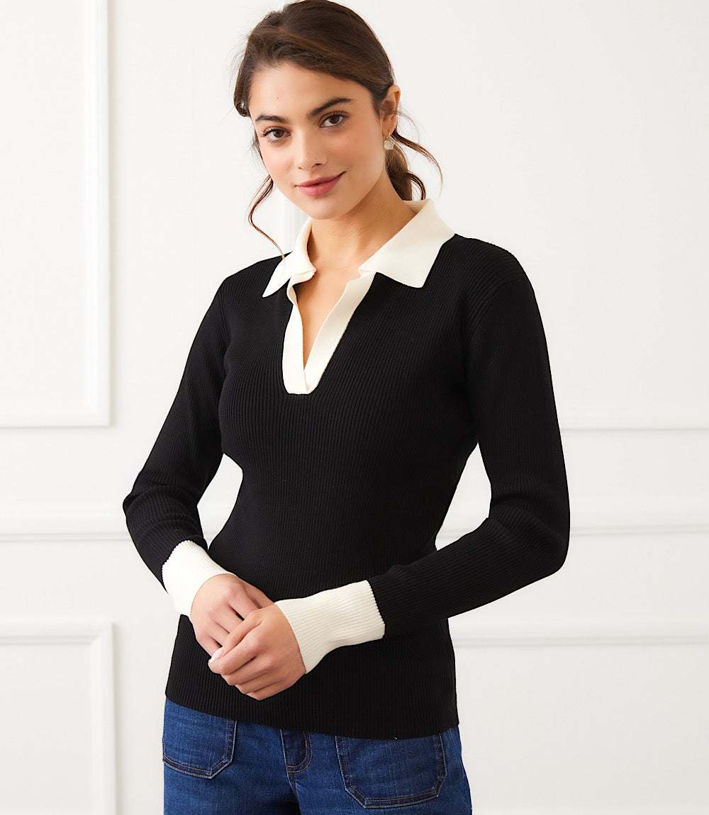 Contrast Ribbed Polo Sweater - Image 2