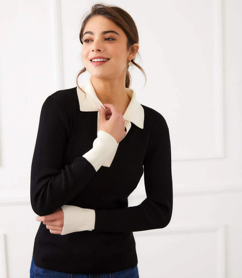Contrast Ribbed Polo Sweater - Image 3
