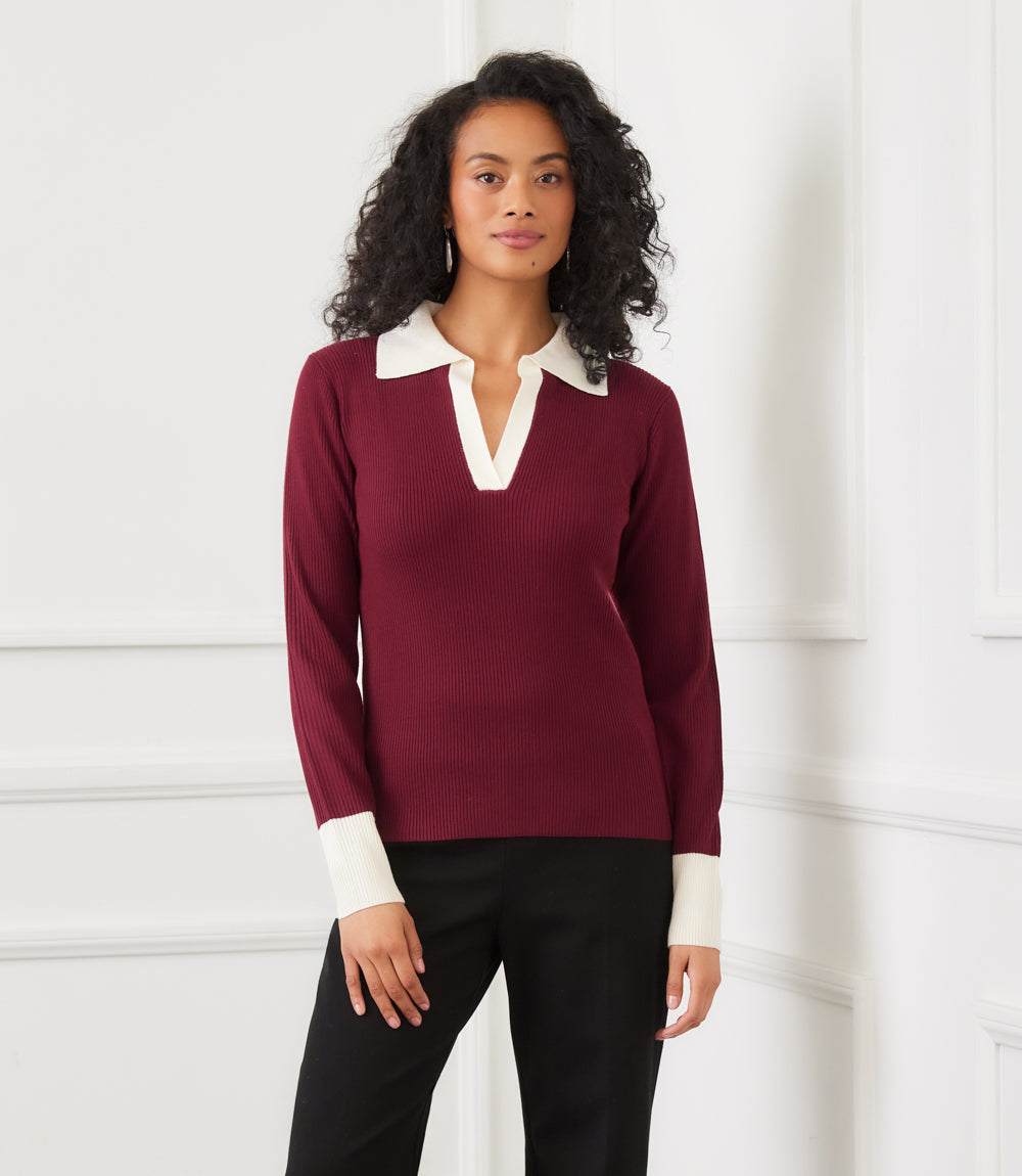Contrast Ribbed Polo Sweater - Image 6