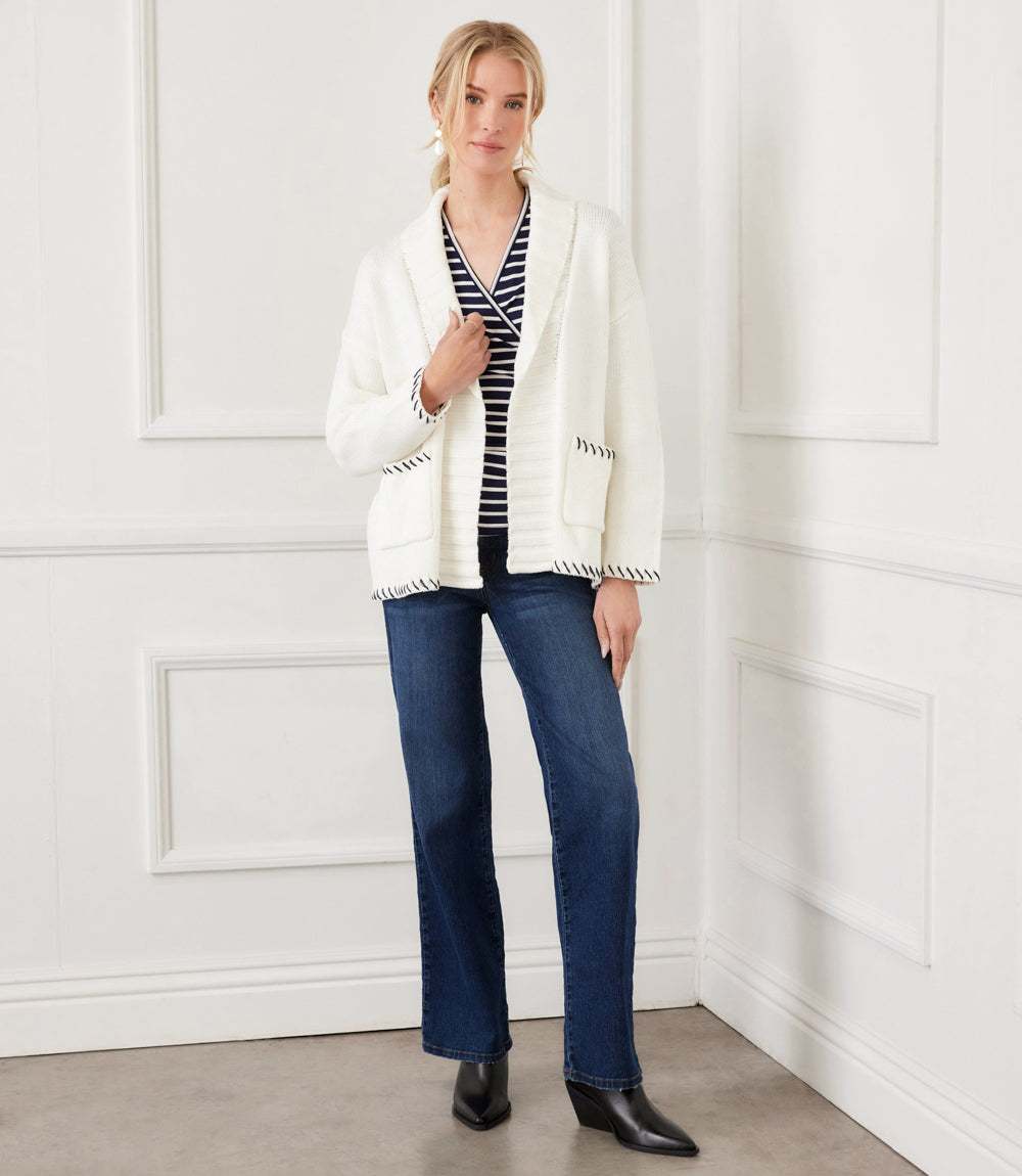 Contrast Stitch Open Front Cardigan Sweater - Image 7