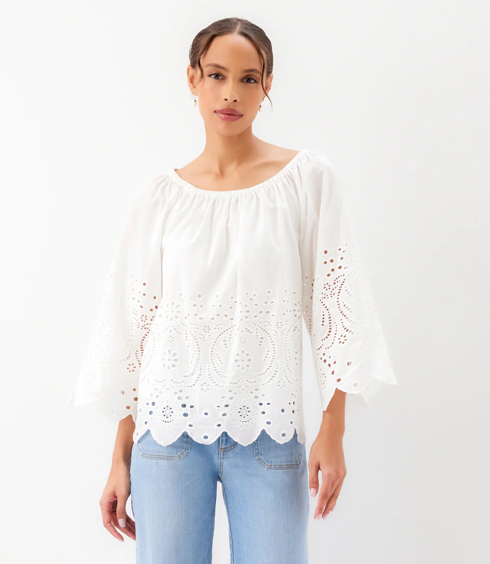 Cut-Out Embroidery Flare Sleeve Peasant Top - Image 5