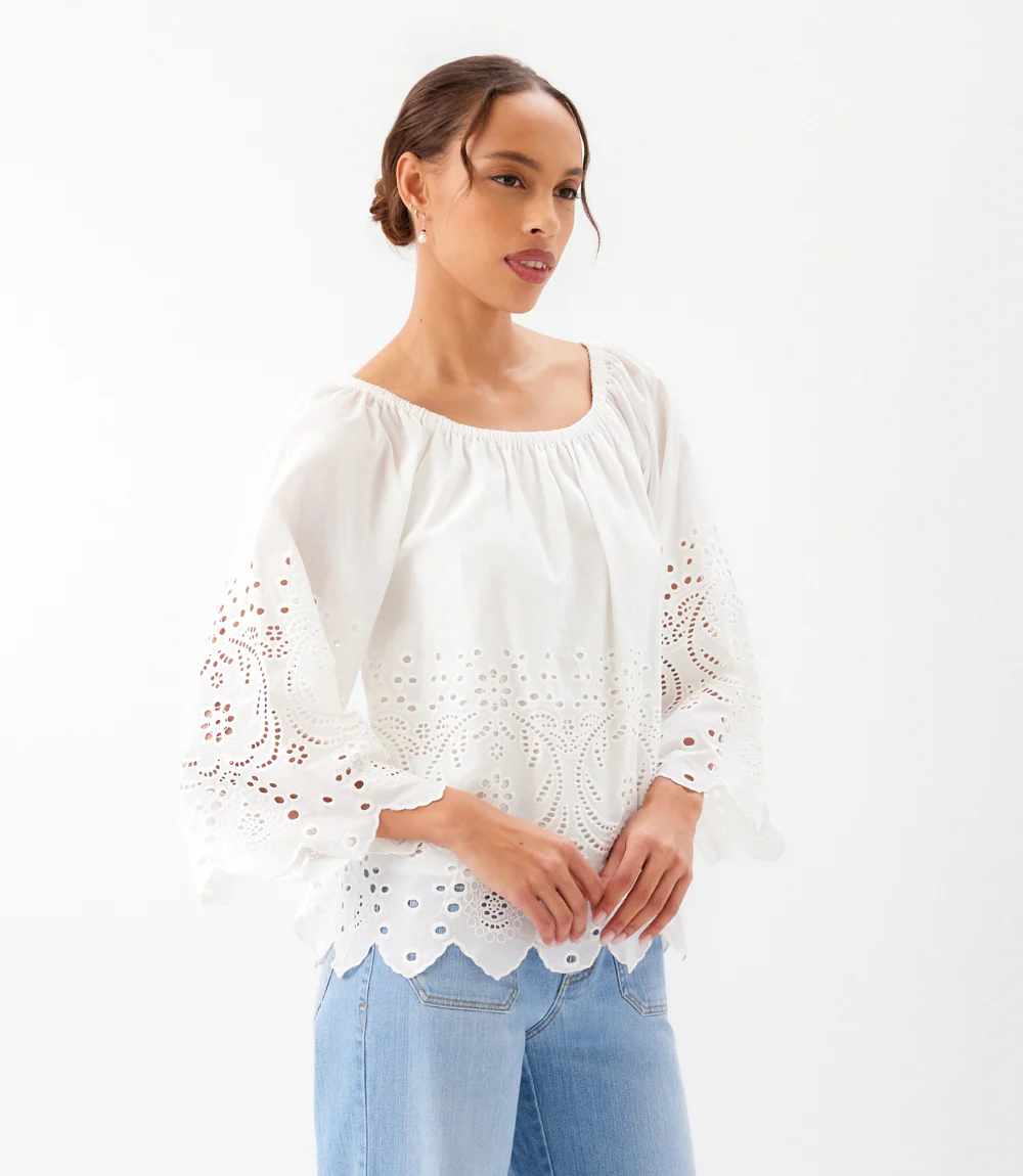 Cut-Out Embroidery Flare Sleeve Peasant Top - Image 6