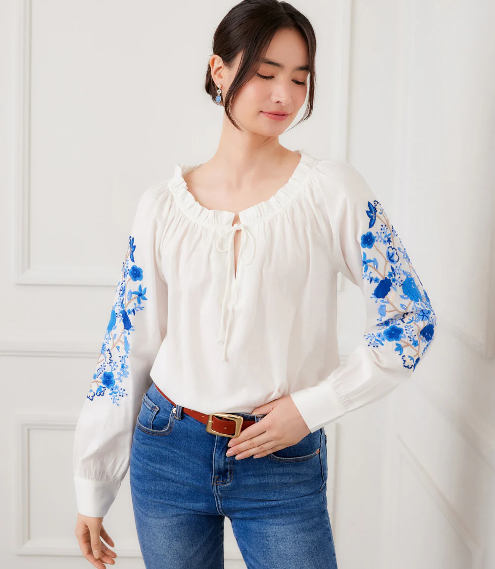 Embroidered Blouson Sleeve Tie-Neck Peasant Top - Image 2
